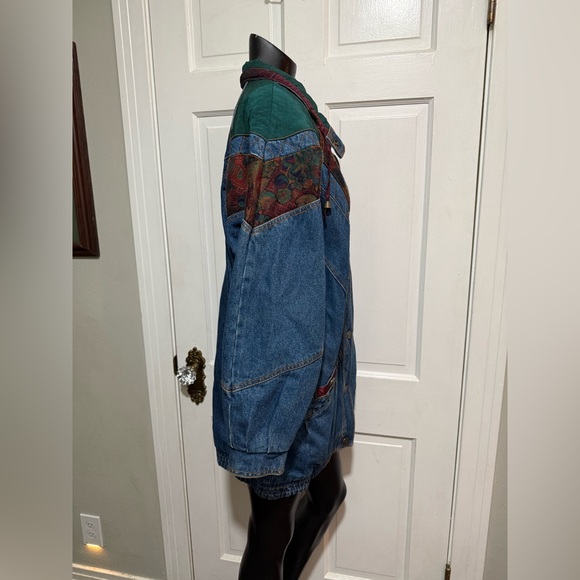 Vintage 1980s 1990s Long Denim Patchwork Coat Jacket Green Brown Pockets Small - Picture 4 of 5